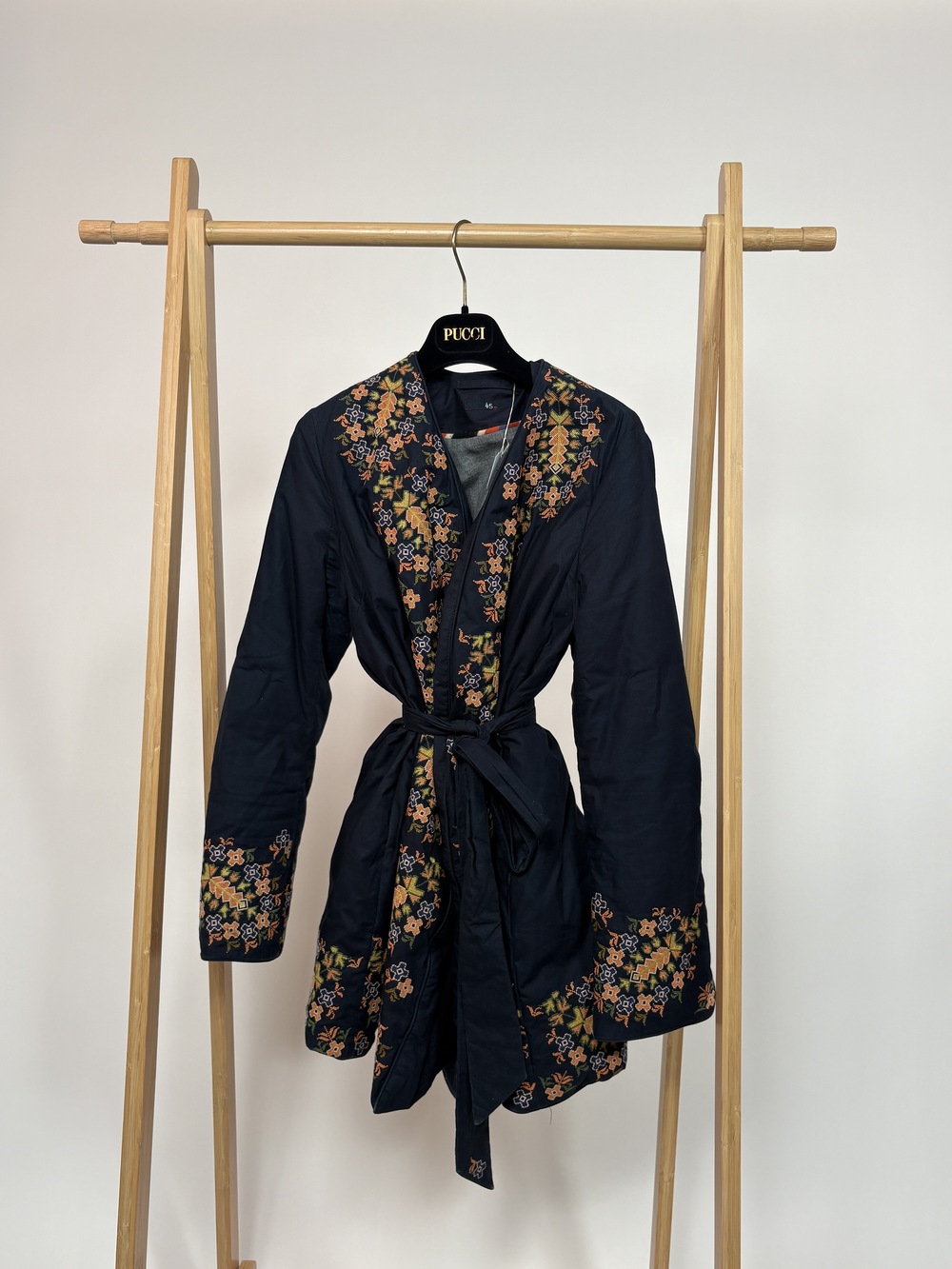 PF-1459 45R Blue Puffer Embroidered Wrap Coat
